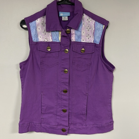 Upcycled Handcrafted Denim Vest Hawaiian Tropical Rainforest design Size L - Picture 1 of 8